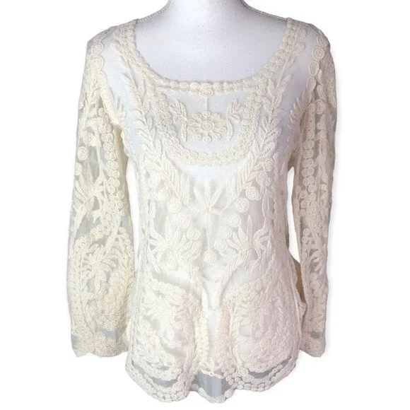 You Are Not Alone Ivory Lace Crochet Mesh Long Sleeve Top - Picture 3 of 7